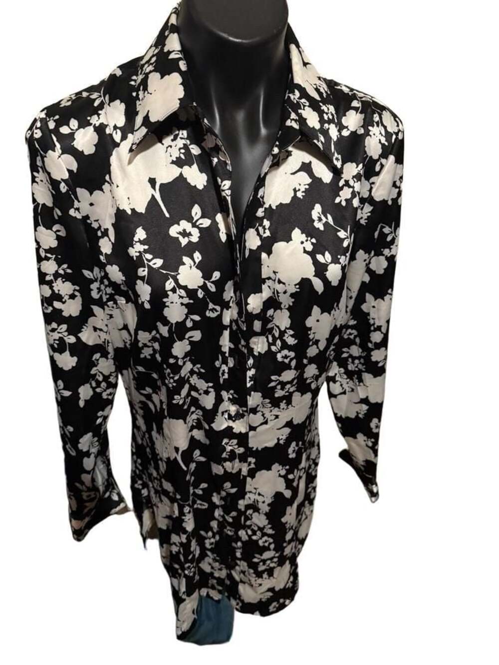 Worthington Stretch Black and White Floral Long Sleeve Button-Down Shirt Dress